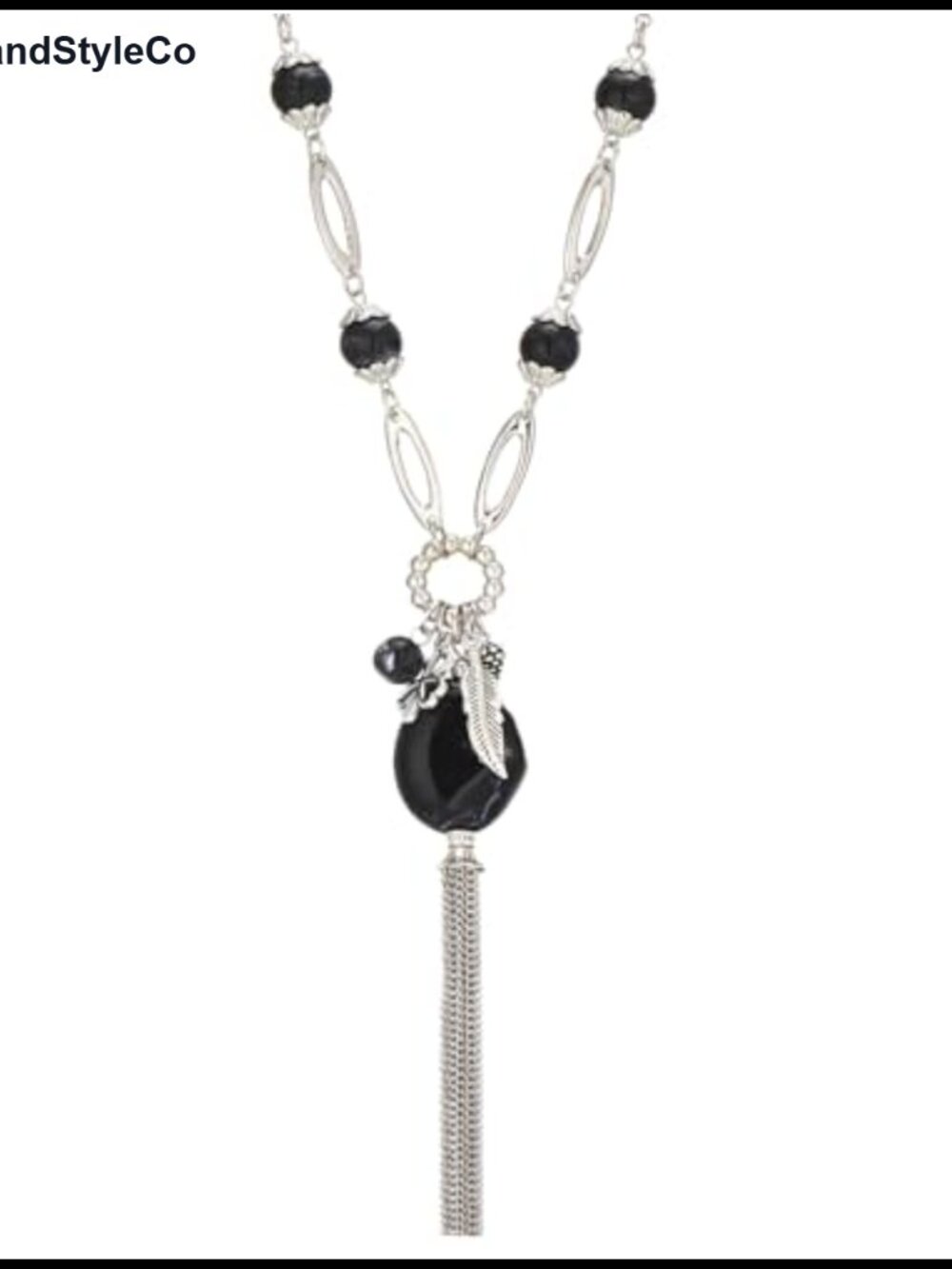 Long Chunky Pendant Necklace Silver Tassel Sweater Chain Beaded